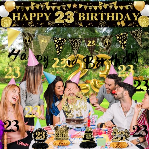 Image of 23rd Birthday Decorations for Men, Black Gold 23rd Party Decoration Kits | 27pcs Happy 23rd Birthday Set, Banner, Honeycomb, Balloons, Gold Number, Candle, Hanging Swirls, Cake Topper, Party Supplies