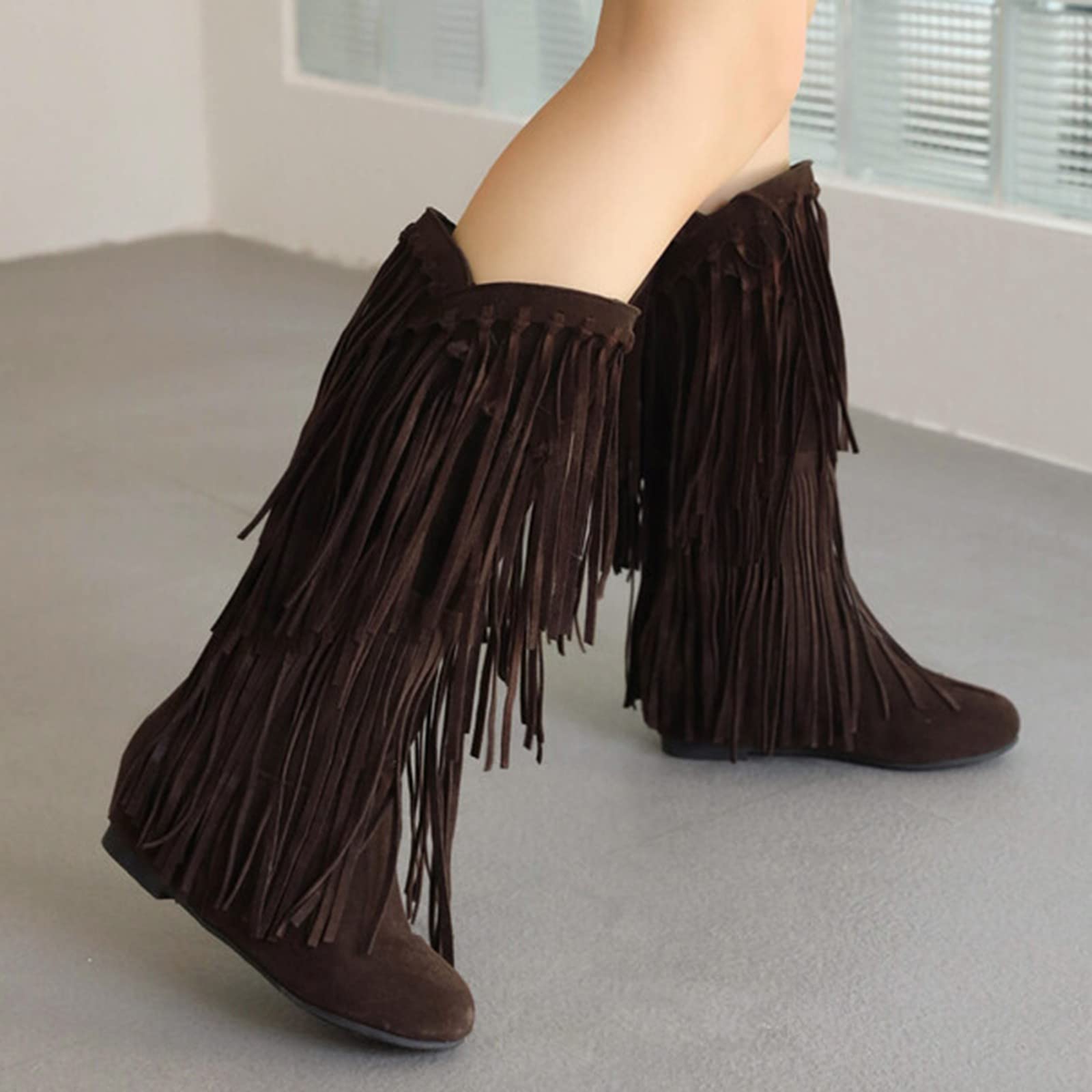Kowbojskie buty z frędzlami dla kobiet - zimowe płaskie zamszowe buty do połowy łydki, gruby obcas, botki kowbojki z frędzlami, szerokie łydki, plus size ciepłe stylowe botki na co dzień
