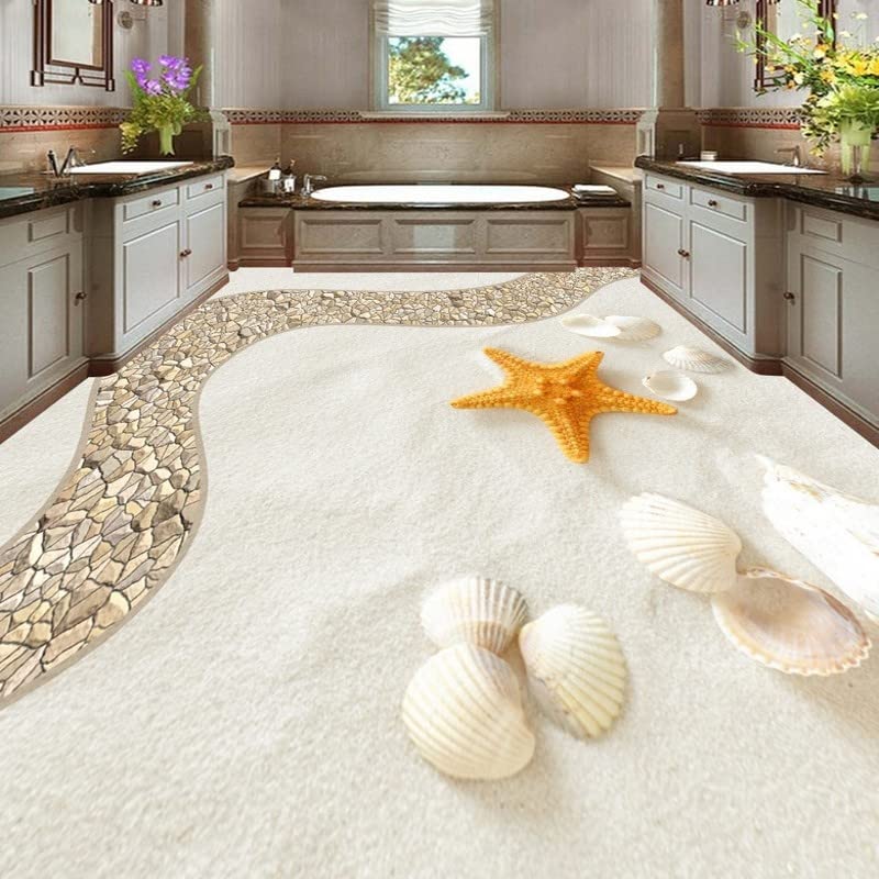 HETRUE Removable Self-Adhesive Mural Custom Large Mural 3D Beach Shell Bathroom Floor Thickening Wear PVC Waterproof Environmental Film,430X300Cm Peel and Stick Vinyl Film