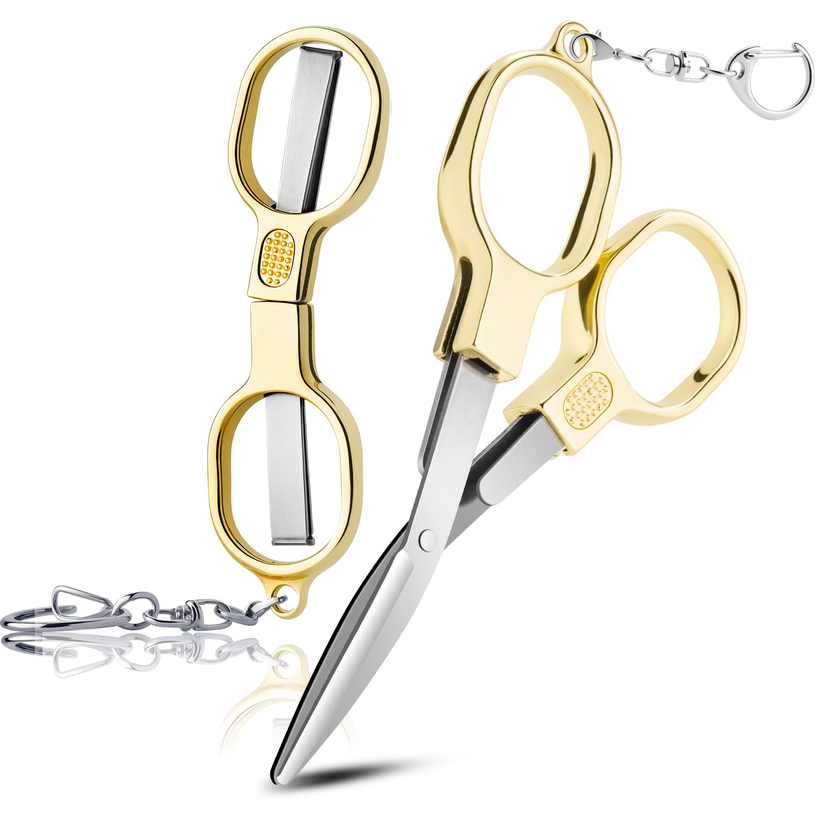 2 Pcs Folding Stainless Steel Portable Mini Small Travel Scissors, Safety Foldable Pocket Badge Nursing Scissors with 2 Keychain for Travel, Home, Office, Craft, Sewing (Gold)