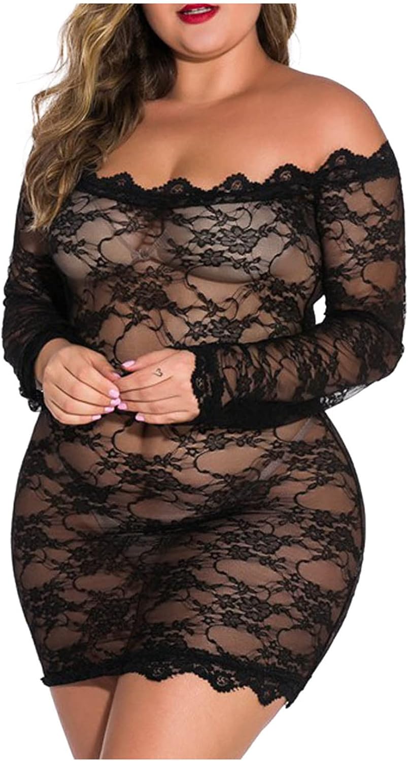 Stretch Chemise Plus Size Dress Perspective Lace Nightgown Women'S Long Sleeve
