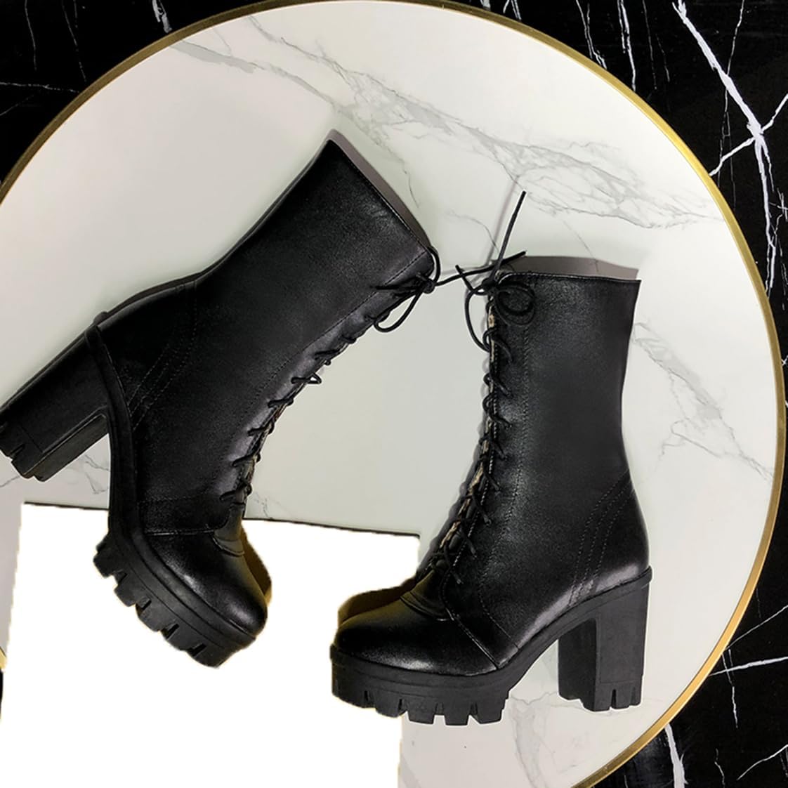 BEAUPAS Women's Chunky Lace Up Ankle Boots High Heels Goth Combat Boots Platform Motorcycle Boots Block Heel Round Toe Shoes