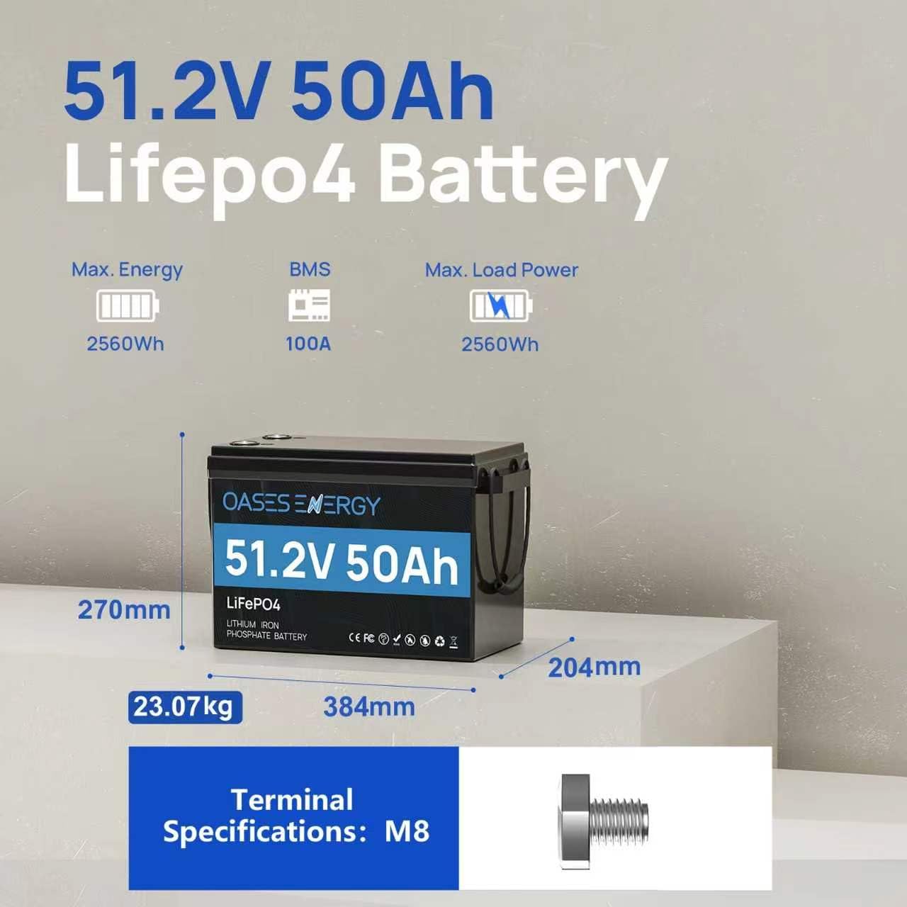 Mini batterie au lithium LiFePO4 48V 50Ah avec Bluetooth BMS 100A, batterie LiFePO4 à cycles profonds 48V, énergie 2560Wh pour hors réseau, solaire, camping-car, bateau, bateau
