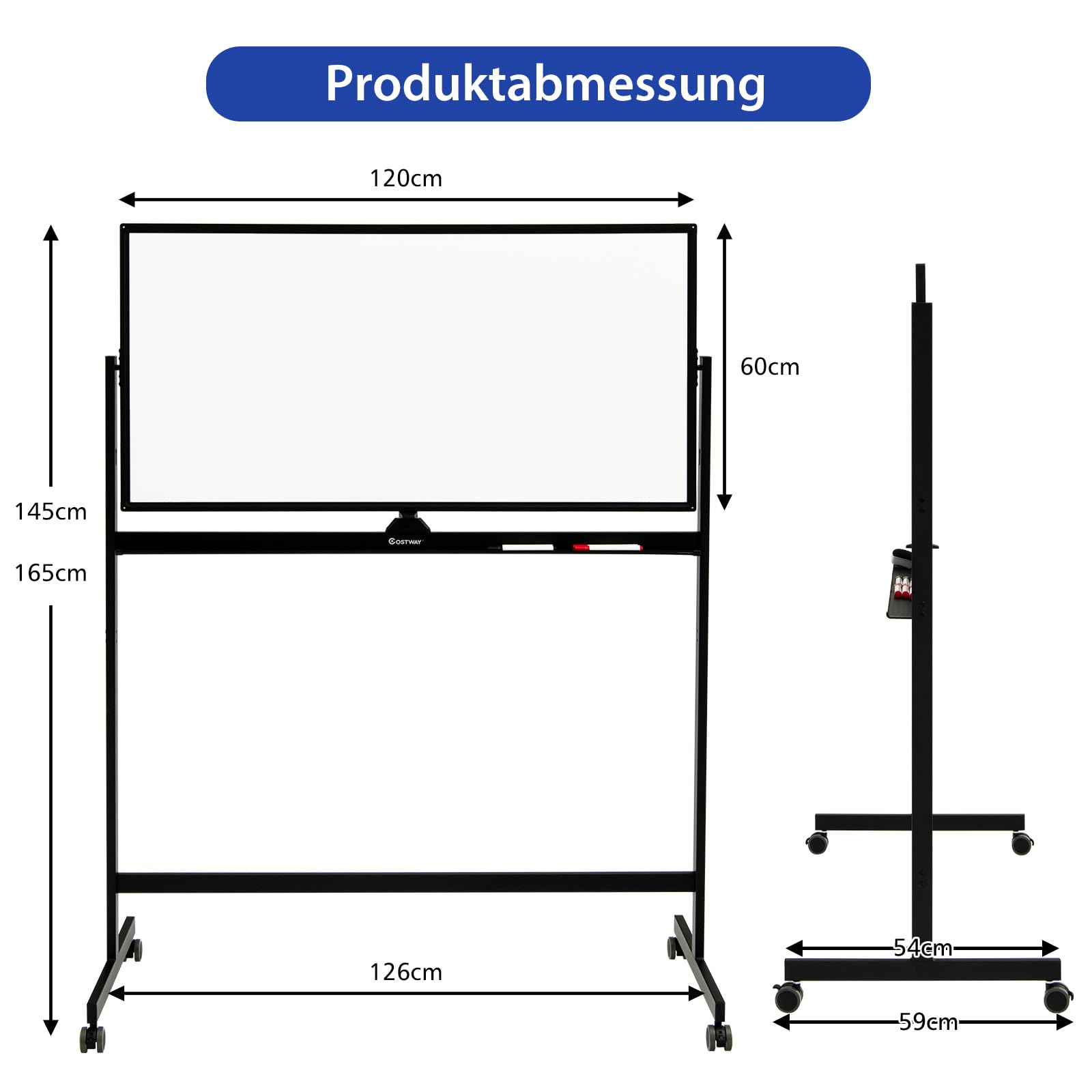 COSTWAY Mobiel Dubbelzijdig Magnetisch Whiteboard, 120 x 60 cm, Met Standaard en Wielen, Droog Afwasbaar, Verstelbaar, Incl. Accessoires Voor Thuis, Kantoor en School (Wit