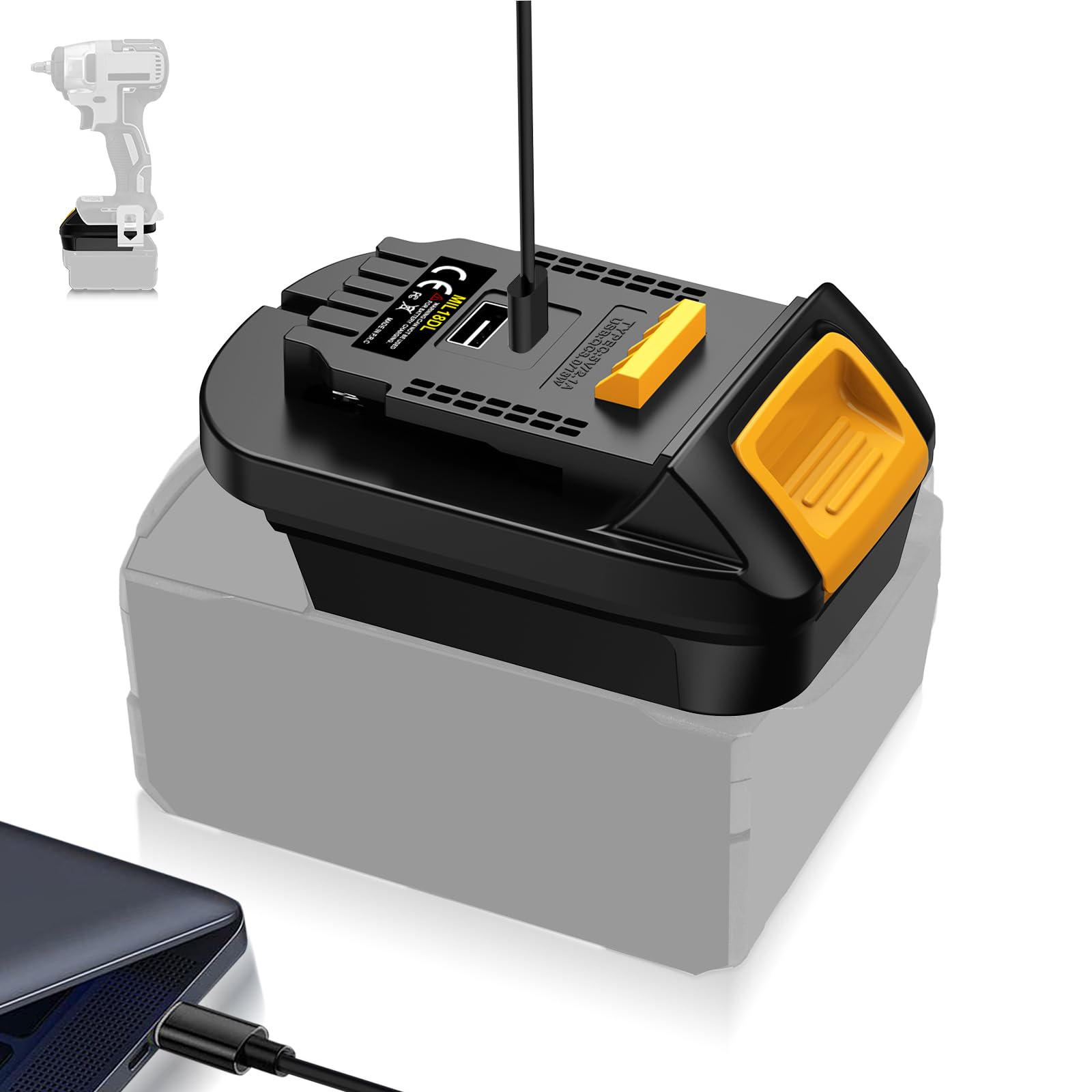 MIL18DL Battery Adapter with Type-C & USB Port, Converter for Milwaukee 18V M-18 Lithium Battery to Work with for DeWalt 20V Power Tools (Adapter Not Battery)