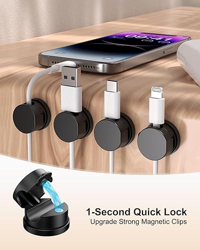 Miniatura 2 de OneLeaf Paquete de 8 clips magnéticos fuertes giratorios de 360 para mesita de noche, soporte de cargador de teléfono con bloqueo 1S, clips