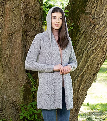 Saol 100% Irish Merino Wool Ladies Classic Fit Long Cardigan With Hood (Grey, M) #TOP3