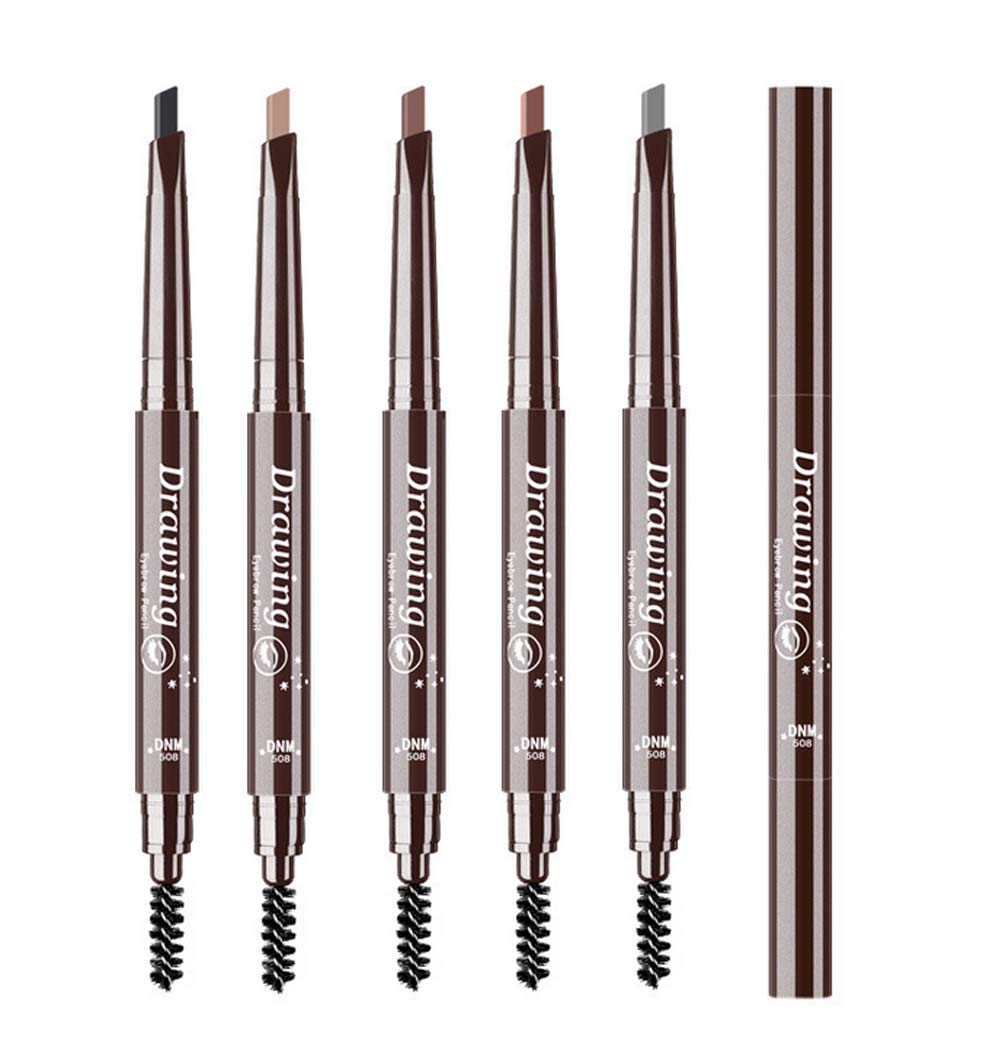 Head eyebrow pencil with eyebrow brush, triangle pen tip, automatic rotation, waterproof and sweat proof 3D makeup-five colors double