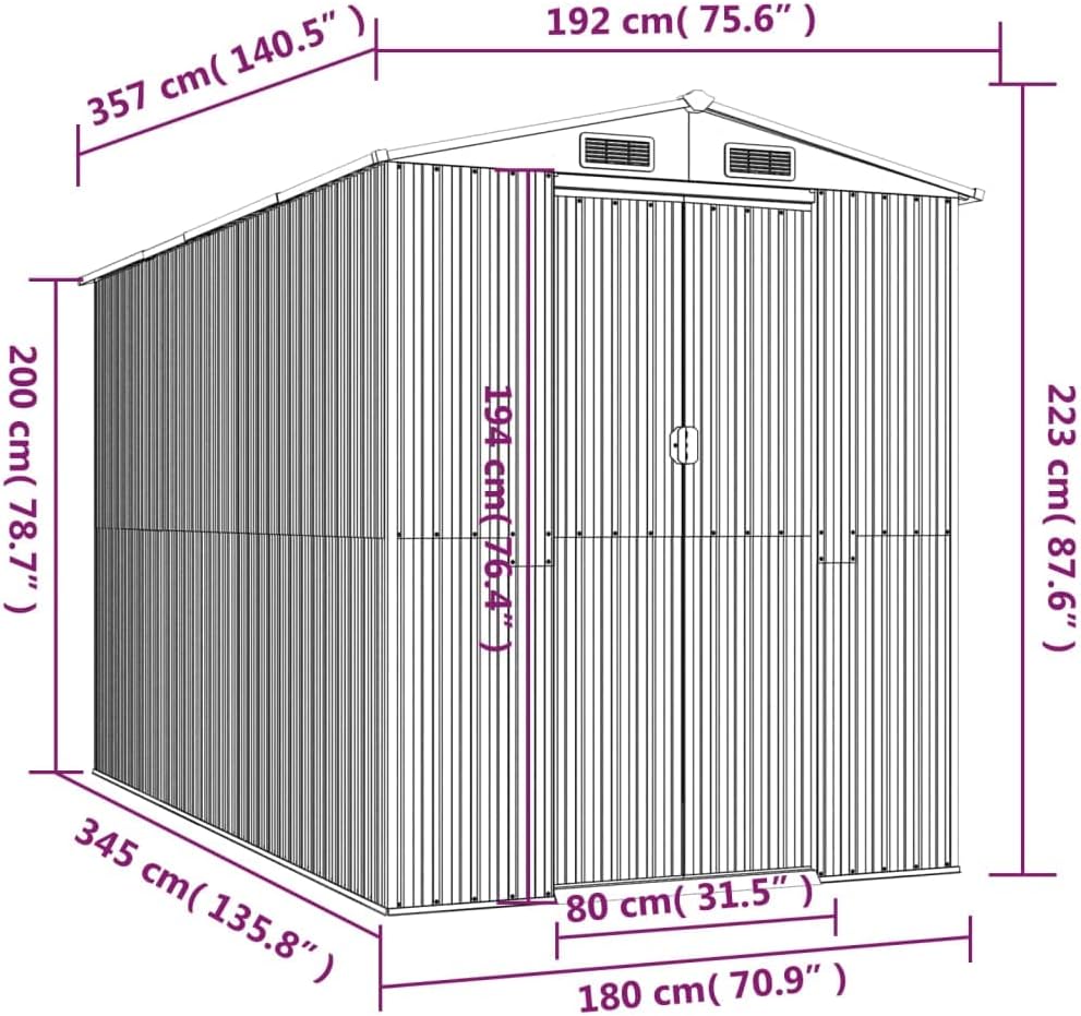 Diagram showing the dimensions of the vidaXL storage shed
