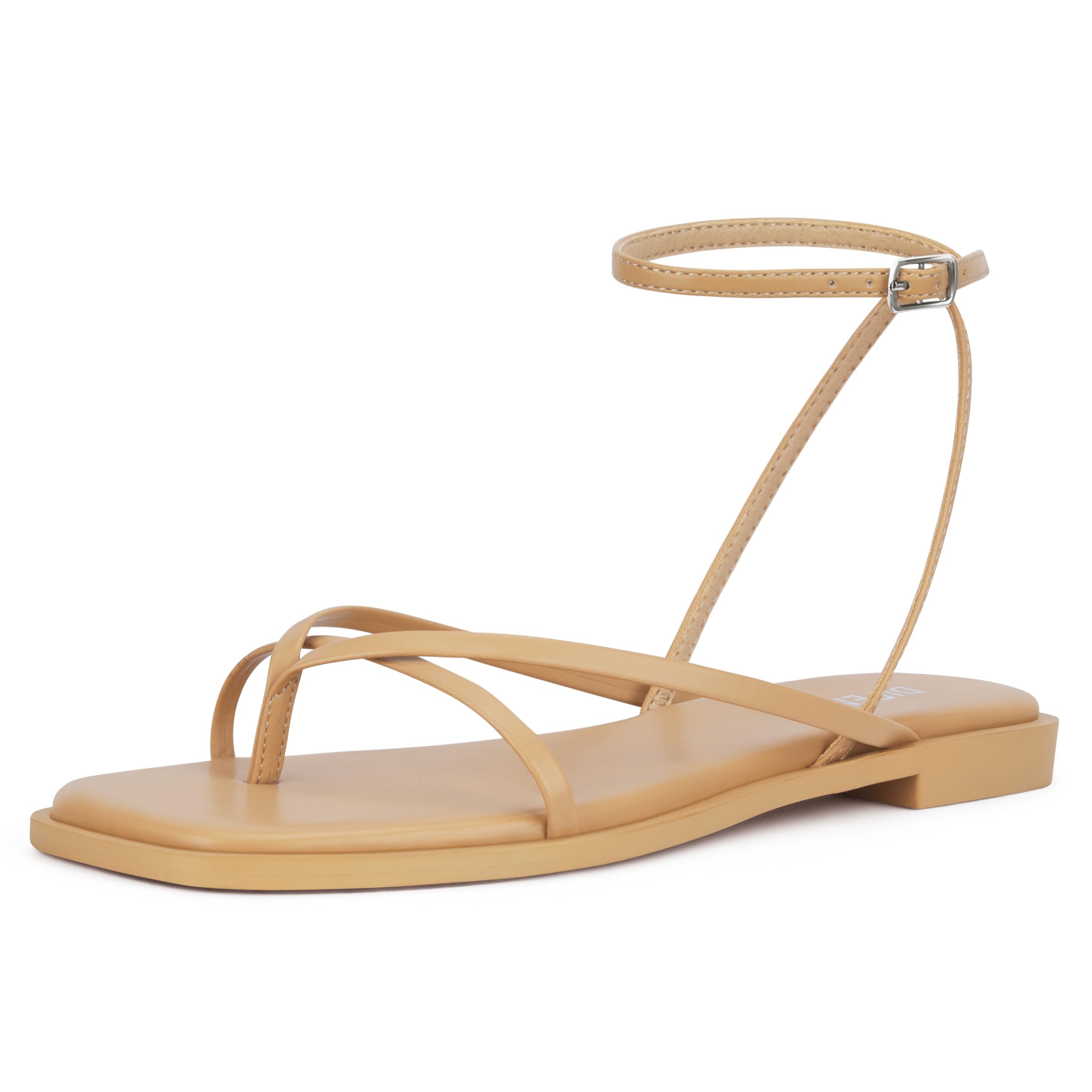 DIFEMA Womens Flats Sandals Square Toe Strappy Ankle Strap Flats