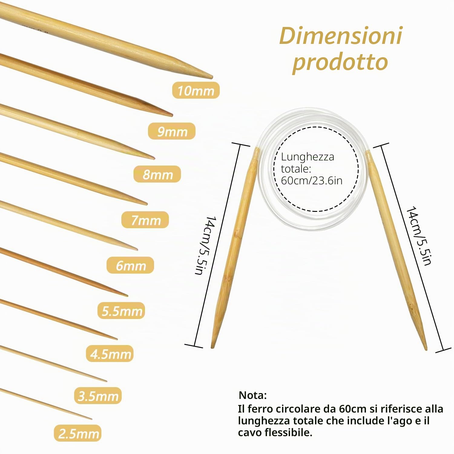 YXHZVON 9 Coppie Ferri da Maglia Circolari Bamboo 60cm, Ferri da Maglia a Doppia Punta, Set di Ferri da Maglia Circolari bambù per Principianti e Professionisti（2,5/3,5/4,5/5,5/6/7/8/9/10mm）