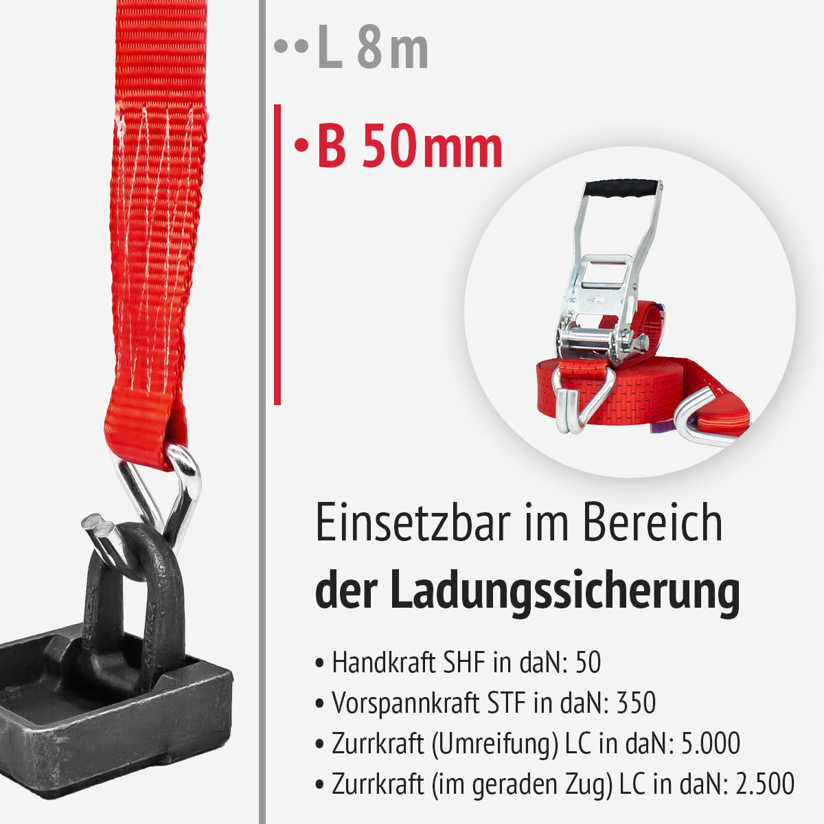 Spanngurt 50 mm | Druckratsche | Länge 8,0m | mit Doppelspitzhaken | 2er Set | STF 350 daN | Farbe rot | Zurrgurt zur Ladungssicherung | für LKW, Anhänger und Kleintransporter (4 Stück)