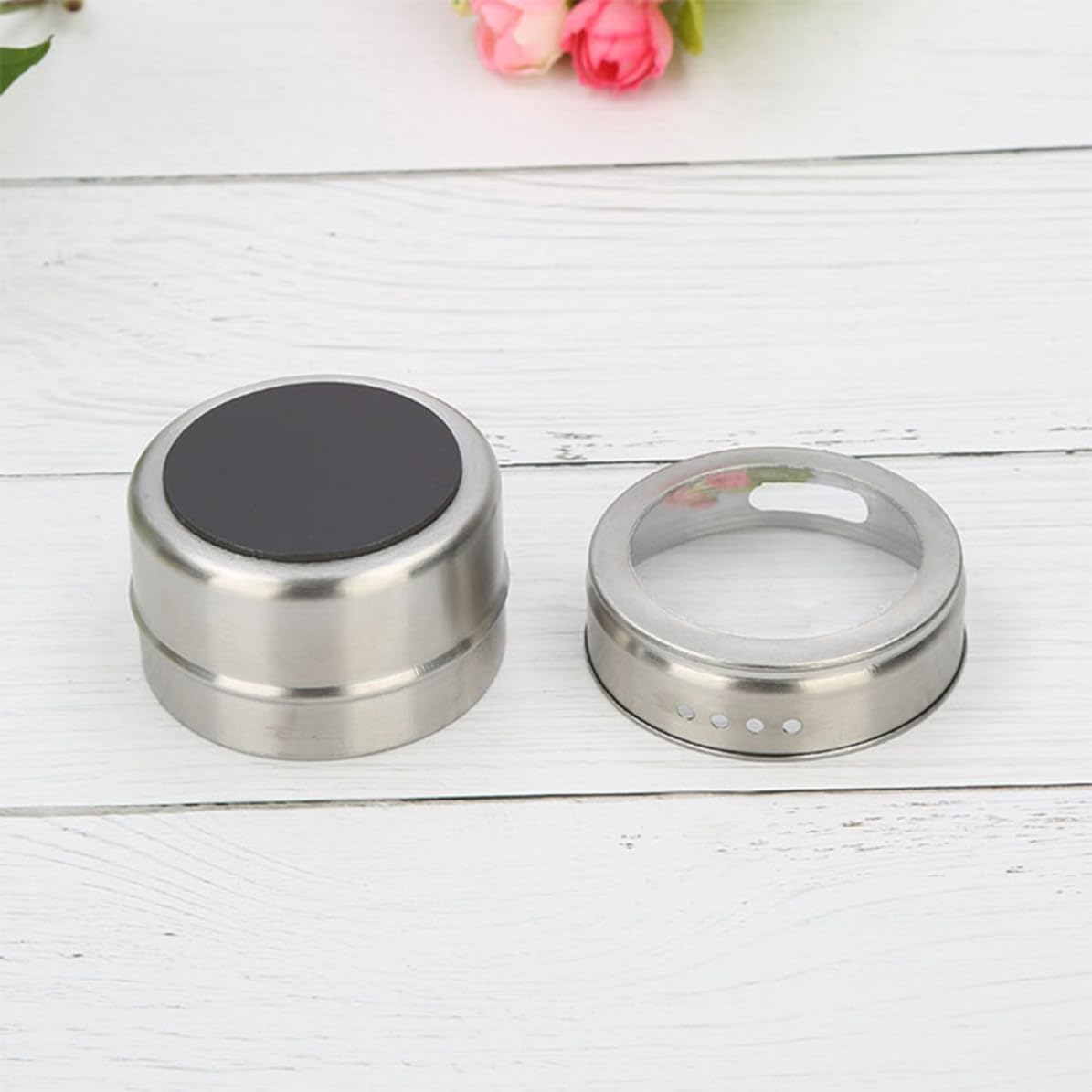 PRETYZOOM Tarros para Especias y Base Magnética para Almacenar Condimentos Set de 9 de Acero Inoxidable con Ventana Visible en Cocina o Barbacoa