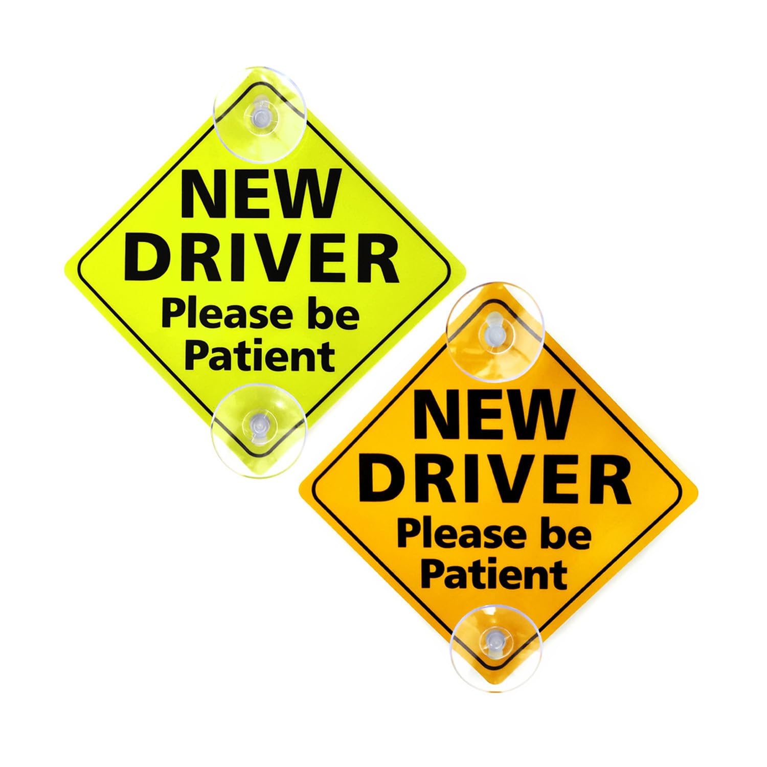 2 Pcs New Driver Sign With Suction Cups, 5" x 5" Reflective Novice Stickers, Removable and Reusable for Car Window, Please Be Patient Caution Sticker