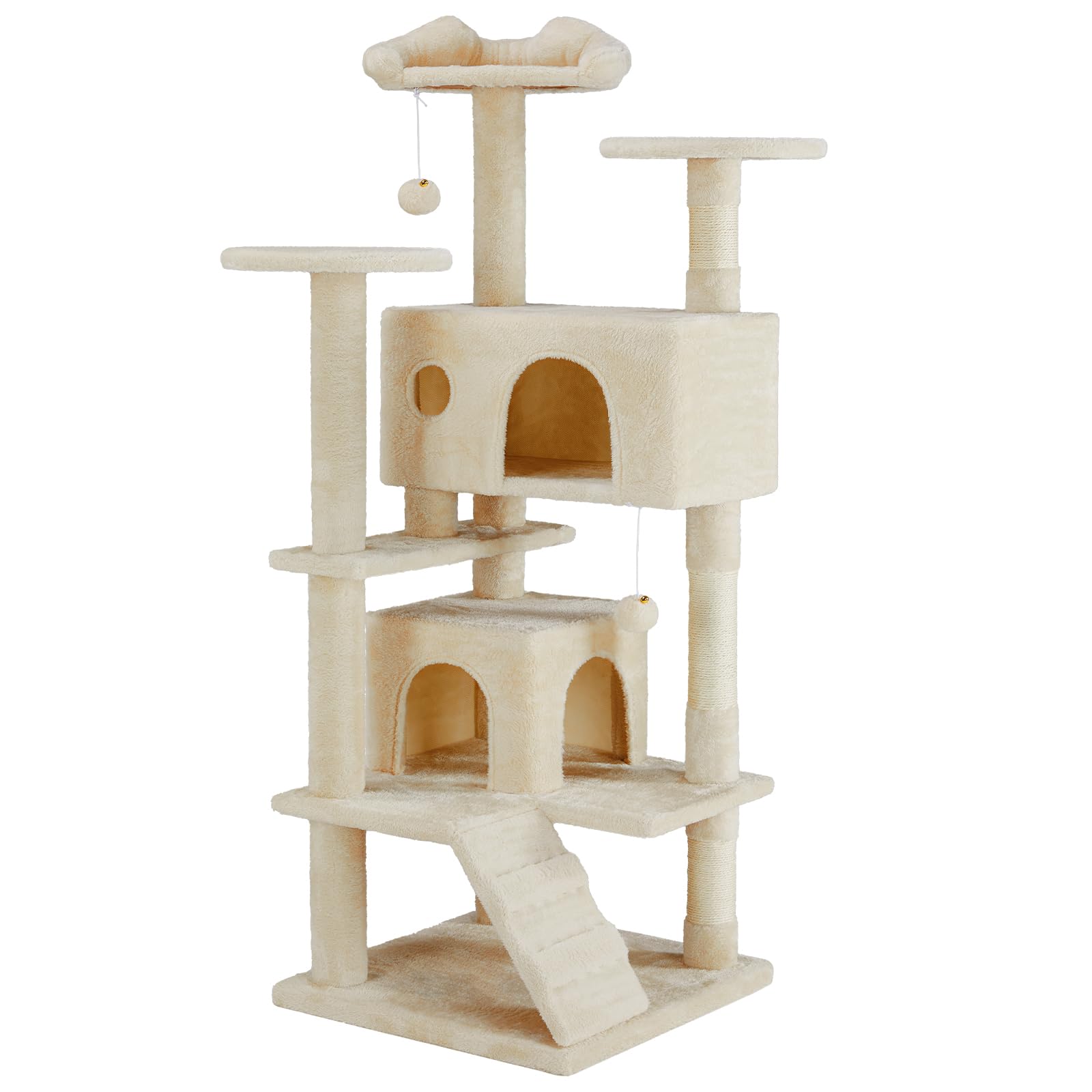 Sweetcrispy Albero tiragraffi per gatti, 137 cm, beige | Albero per gatti a più livelli con scala da arrampicata, giocattolo di peluche, casetta da gioco per gattini