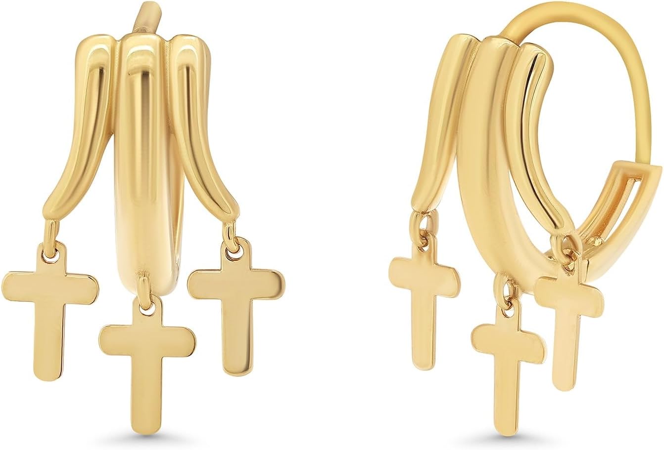 14K Yellow Gold Dangling Three Cross Huggie Hoop Hinged Earrings