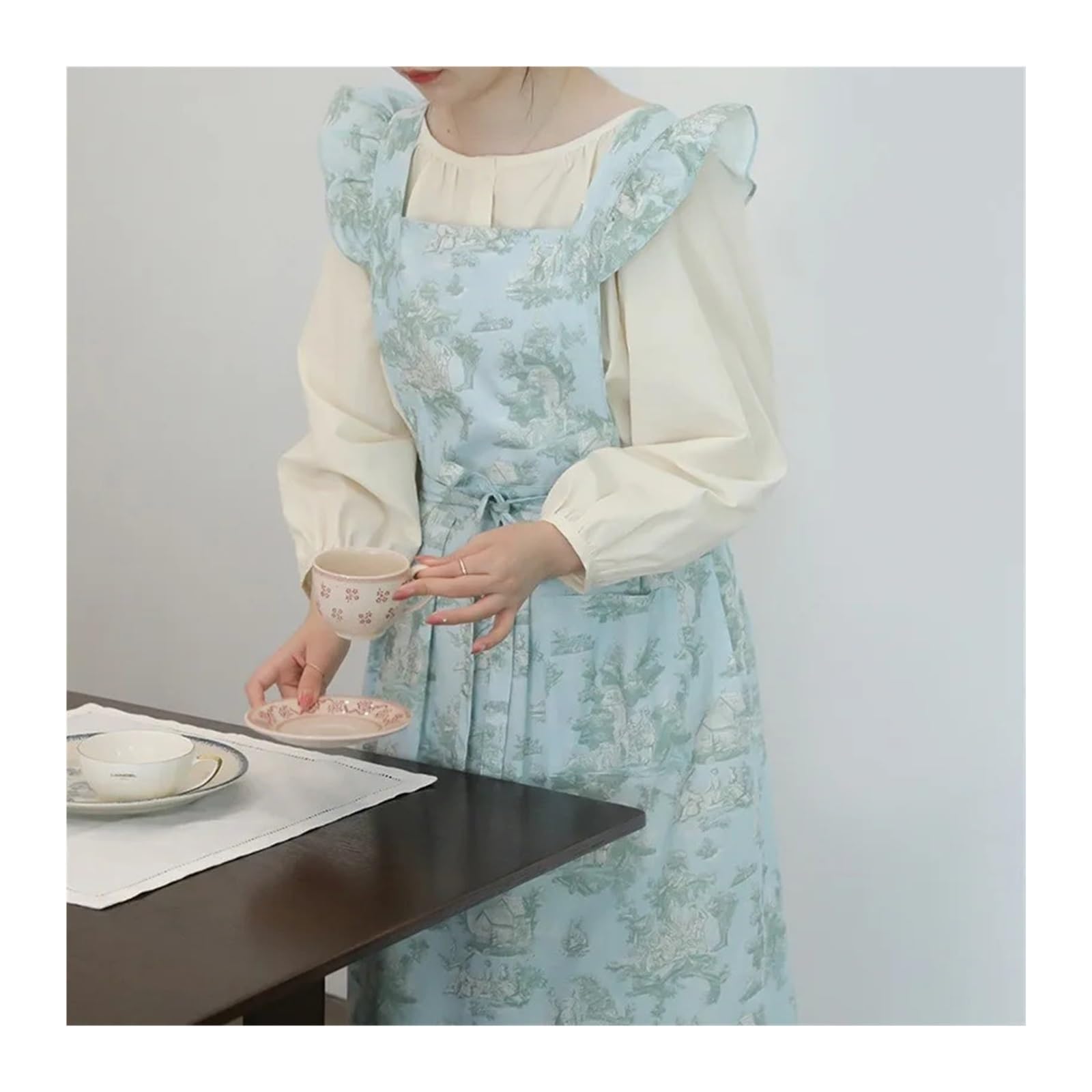 delantal Delantal de cocina con volantes y algodón resistente al agua estampado largo bolsillos for mujer, delantal espalda cruzada for cocinar, hornear jardinería