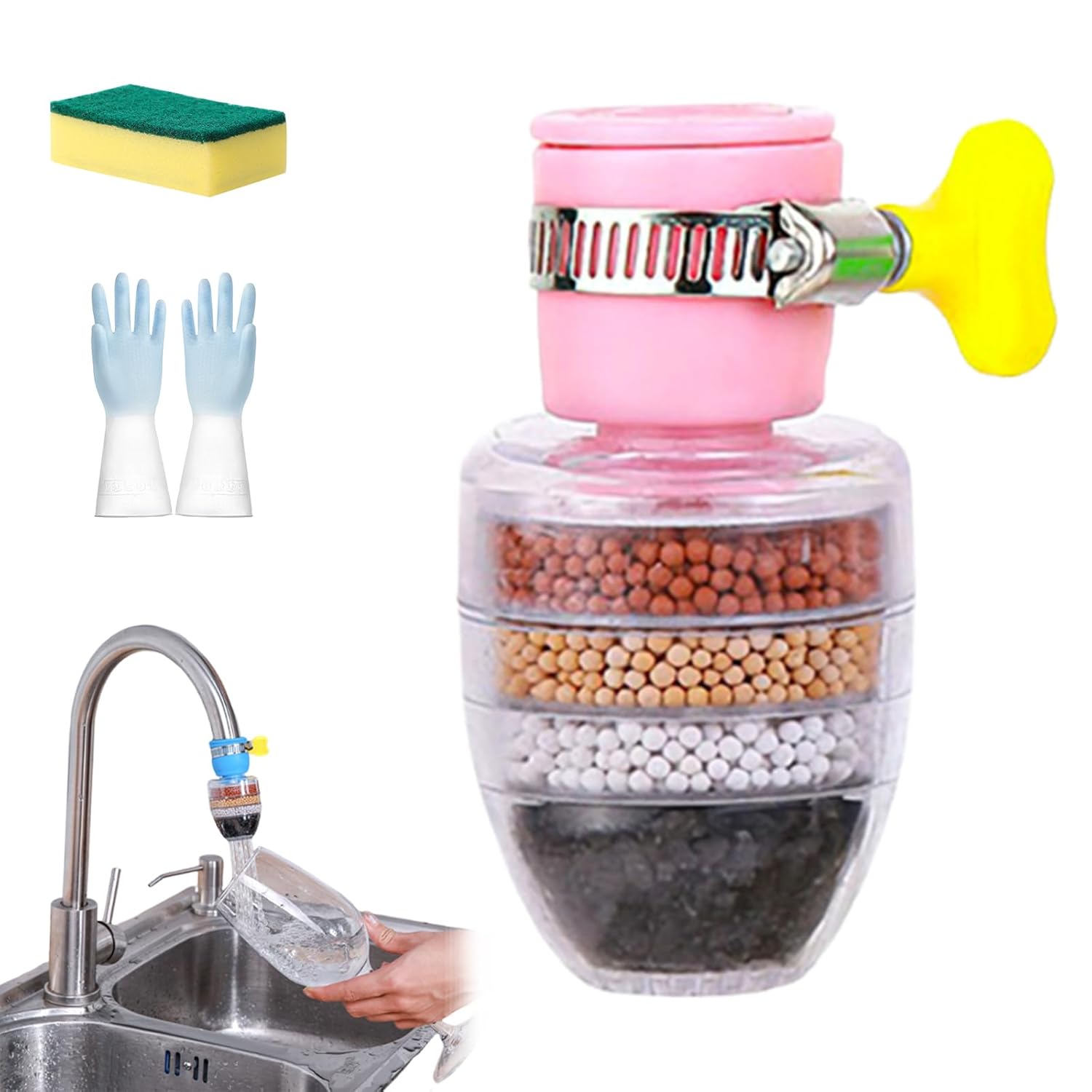 Magic Charcoal Water Filter - Carbon WaterFilter Faucet for Sink Faucet - 6 Layer Carbon FaucetWater Filter Splash-Proof for Kitchen Bathroom Sink (Pink)