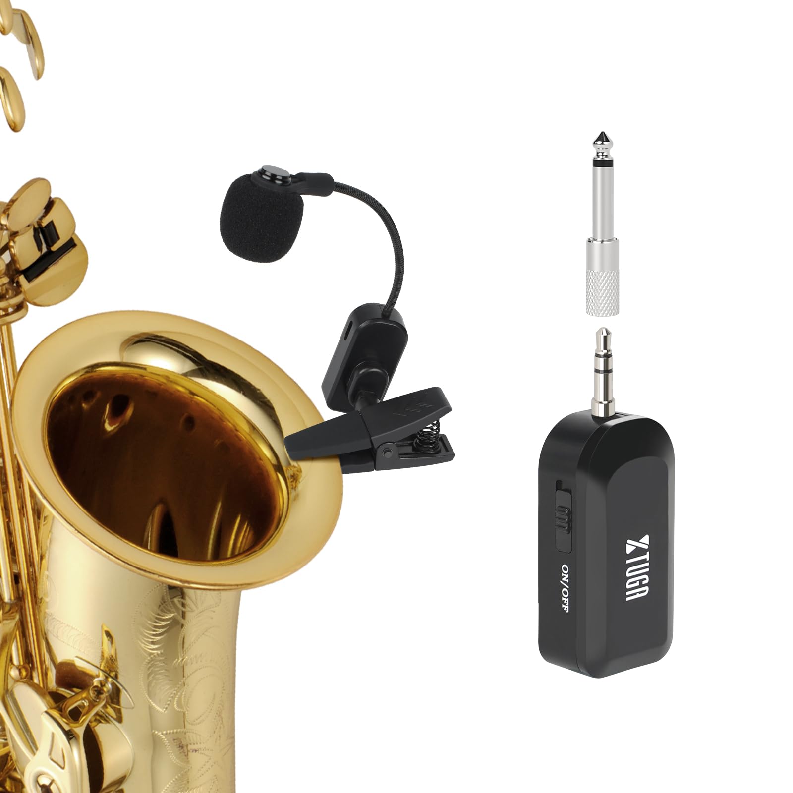 XTUGA Wireless Saxophone Microphone 2.4G Rechargeable System Clip-On Instrument Mic, 8 Hours Battery Transmitter Receiver for Saxophone, Trumpet, Trombone Brass (KX-721)