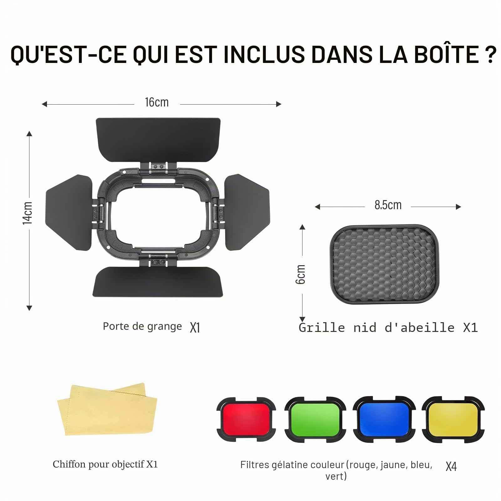 Godox BD-07 II Porte de Grange Barn Door en Métal &Grille en Nid d'abeille &Jeu de Filtres Gel 4 Couleurs pour 7 Réflecteurs Standard Bowens pour Lampe Vidéo LED GODOX AD200PRO II