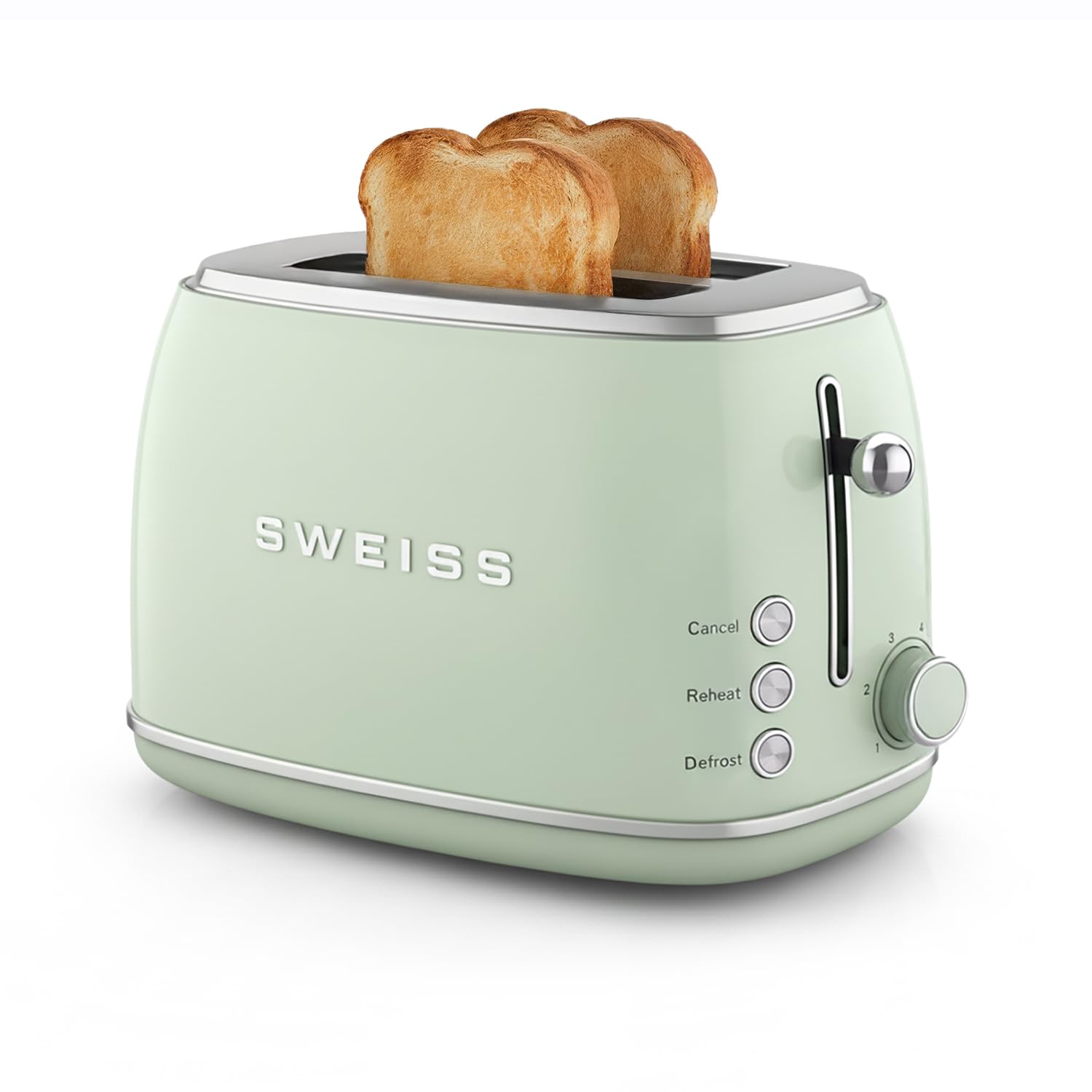 SWEISS GRS7, tostapane vintage, 2 fessure, 6 livelli di potenza, 850 W, rapido e pratico, facile da pulire, cassetto raccogli briciole, speciale baguette, scongelamento, verde
