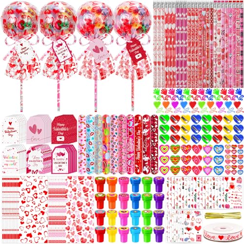 Image of CZWZ 272Pcs Giant Lollipop Valentine Classroom Gifts, 24 Set Giant Lollipop with Pencils, Stickers, Erasers for Classroom School Exchange Valentine Party Favors Supplies