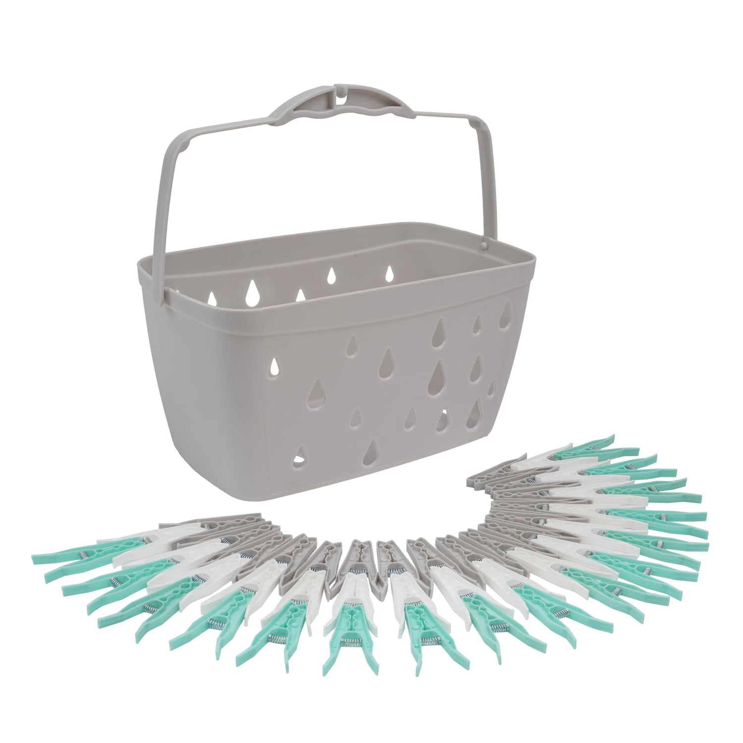 JVL Plastic Peg Basket, Grey with 48 Large Ultra Strong Plastic Pegs, Aqua