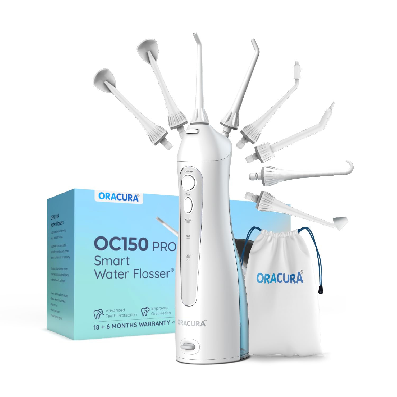 OC150 Dental PRO Smart Water Flosser® White | 18+6 Months Warranty | 150ml water tank capacity | 3 Modes | IPX7 Waterproof