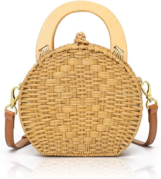 Hand-Woven Round Rattan Wooden Handle Tote Bag Summer Beach Straw Crossbody Bag Shoulder Bag with Adjustable Removable Leather Shoulder Strap