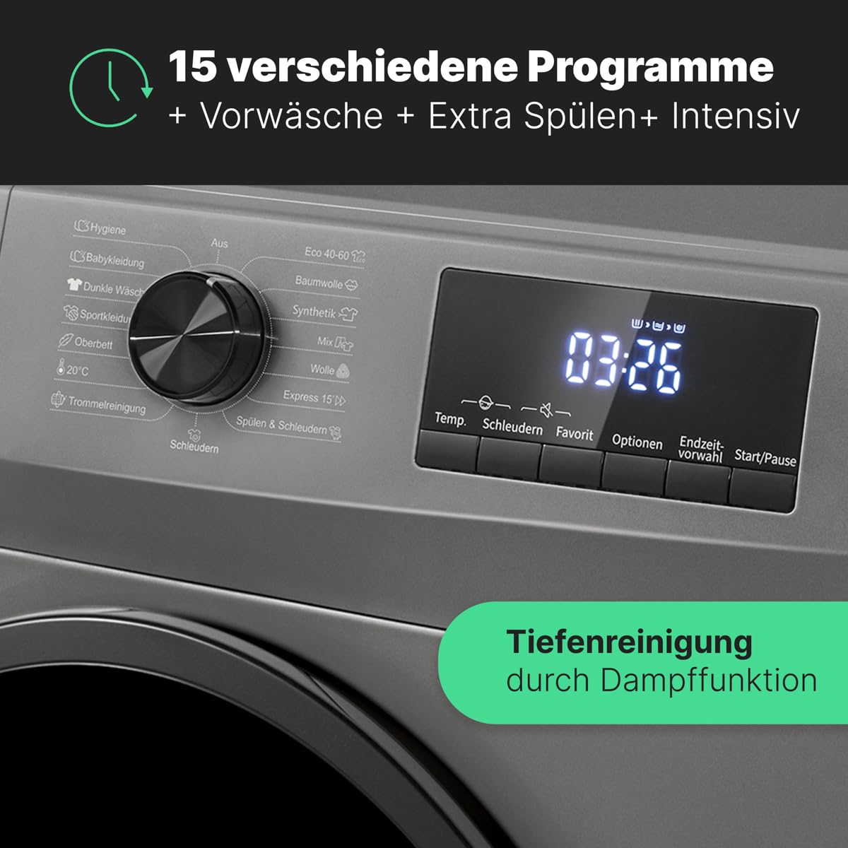 Bomann Waschmaschine 7kg 1400 U/min Invertermotor 15 Programme WA 7175 titan - schwarz