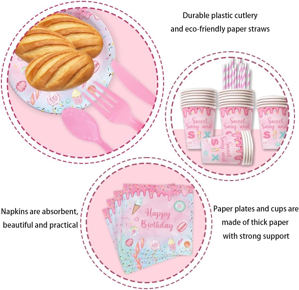192 Pcs Sweet and Sassy Six Party Tableware Set for 24 Guests – Pink Disposable Plates,Cups,Napkins,Straws,and Cutlery – for 6th Birthday Celebrations and Candy Themed Parties