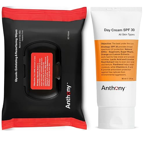 Anthony Crema de día SPF 30 humectante facial para hombre con protector solar, 3 onzas líquidas, toallitas exfoliantes y rejuvenecedoras glicólicas,