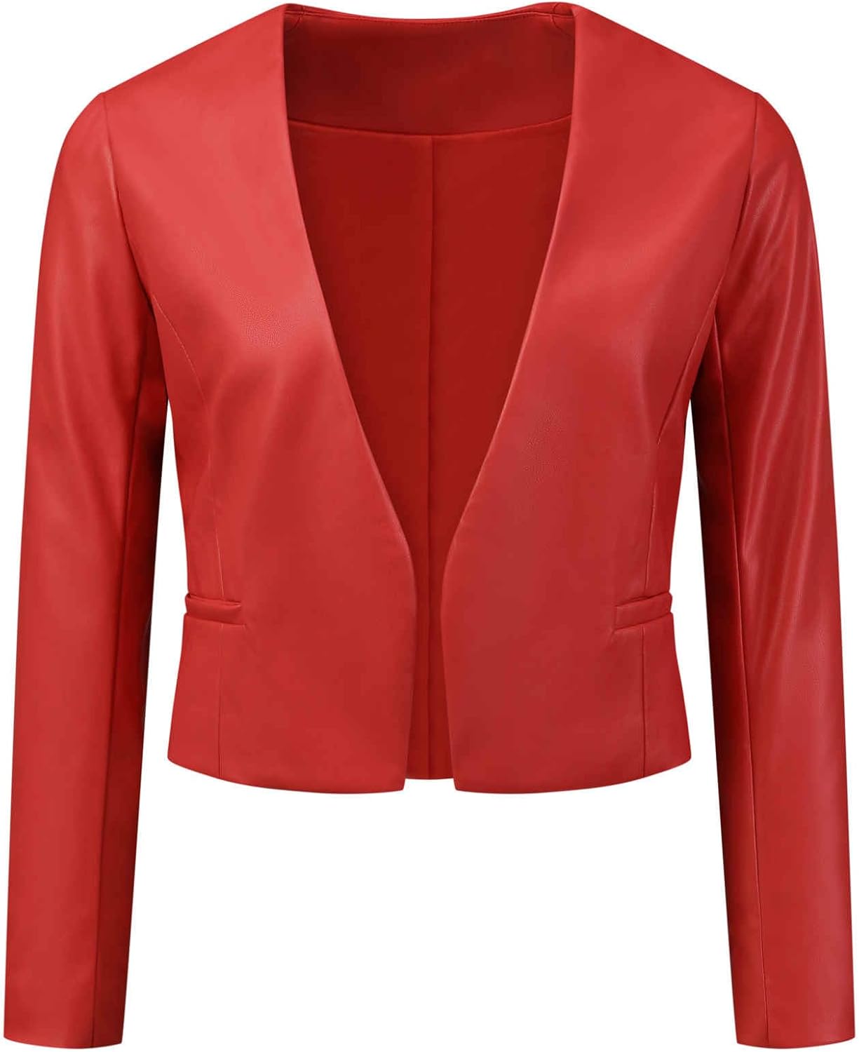 Allegra K Faux Leather Jacket for Women's Collarless Open Front Crop PU Moto Biker Jackets