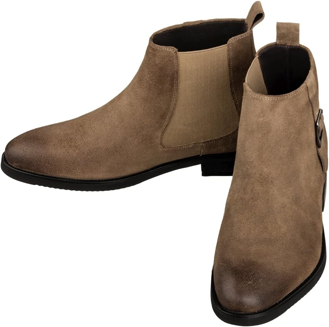 TOTO Men's Invisible Height Increasing Elevator Shoes - Coffee Brown Nubuck Leather Slip-on Chelsea Ankle Boots - 3.0 Inches Taller - K92083 - Size 6.5 D(M) US