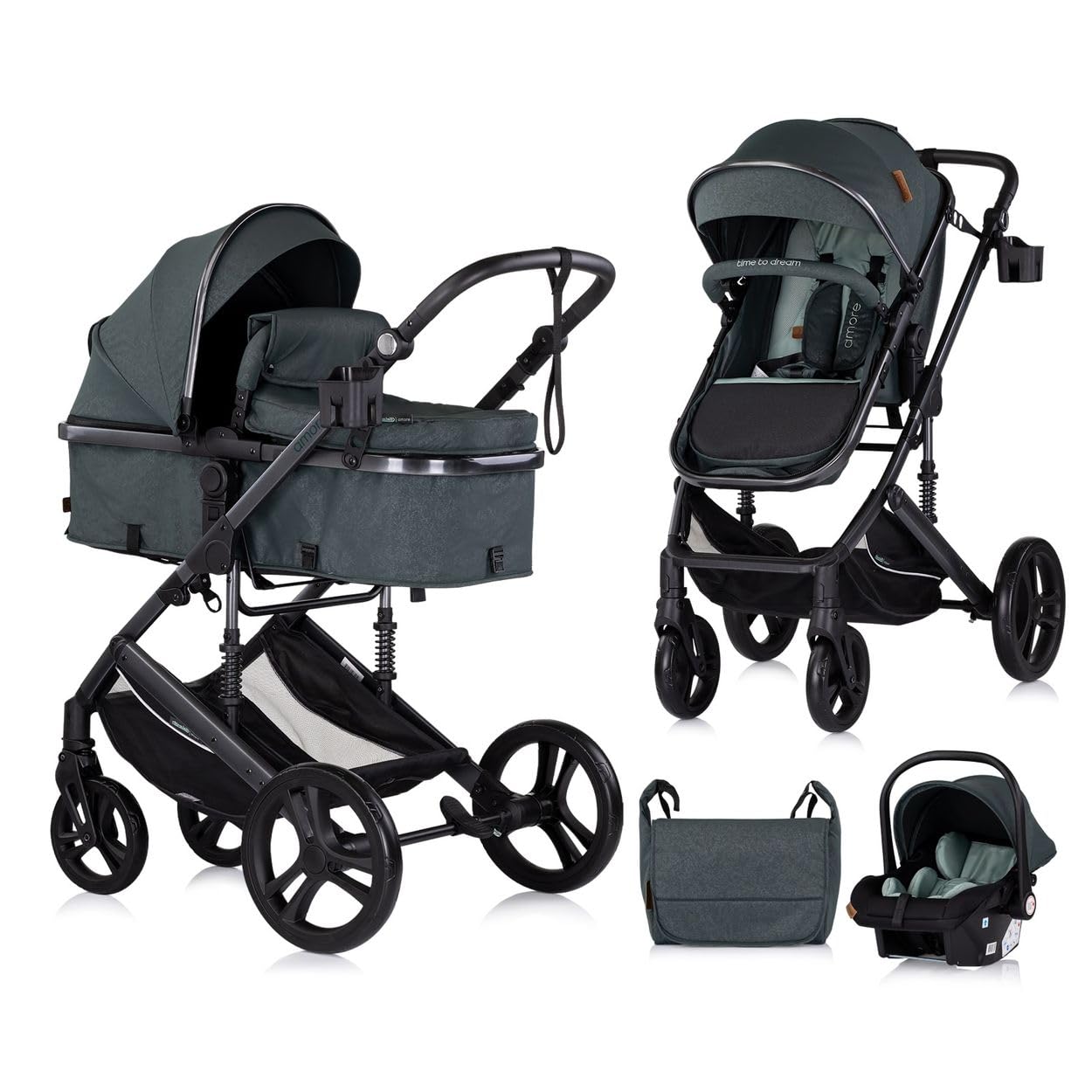 Chipolino Kinderwagen 3 in 1 Amore Babyschale Adapter Wickeltasche Fußabdeckung tuerkis