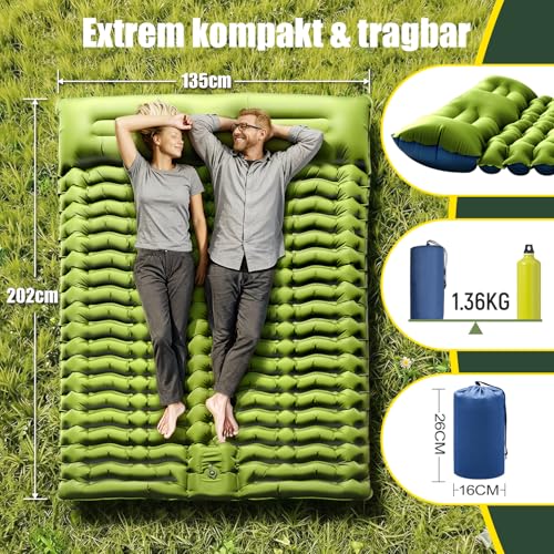 Yuzonc Isomatte, Verdicktes Doppel Camping Matratze, Ultraleicht Luftmatratze Camping für 2 Personen Aufblasbare mit Fußpumpe, Kissen für Outdoor
