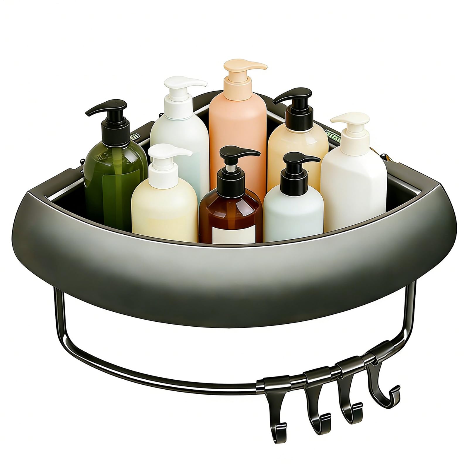 Étagère d'angle de salle de bain sans perçage métallique avec crochets