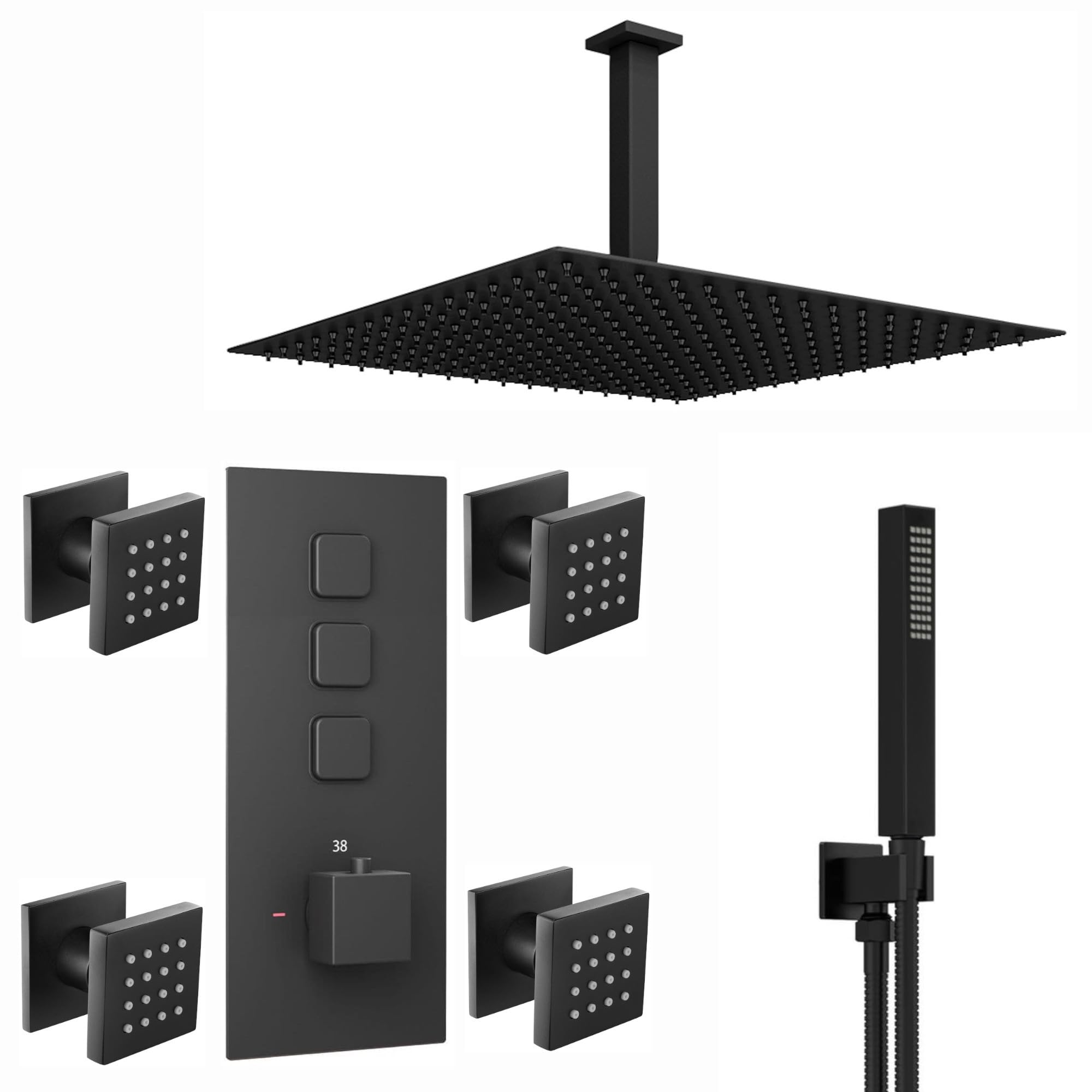 ENKI, Spello, SH0048, Square Thermostatic Concealed Shower Set with Body Jets, Ceiling Overhead Shower, Handset Kit, Black