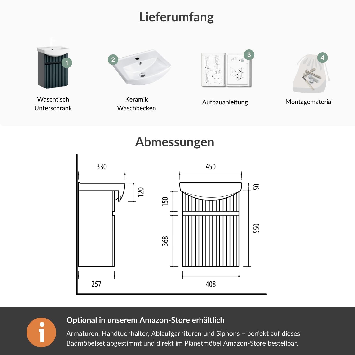 Planetmöbel Waschbecken mit Unterschrank 45 cm inkl. Keramikwaschbecken, Gäste WC Waschtischunterschrank, anthrazit matt