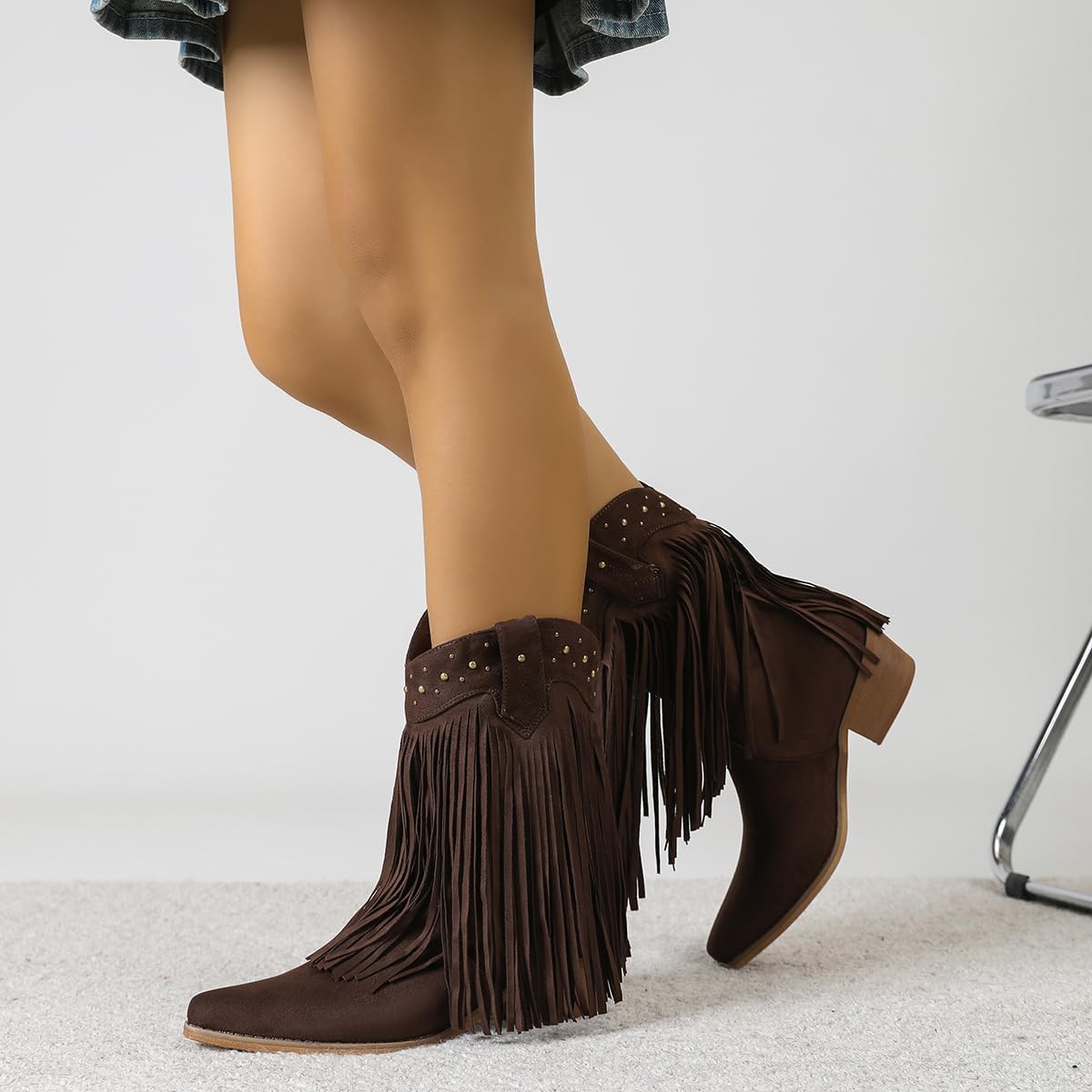Amoji Women Western Cowboy Boots Cowgirl Mid Calf Boots Pull On D307