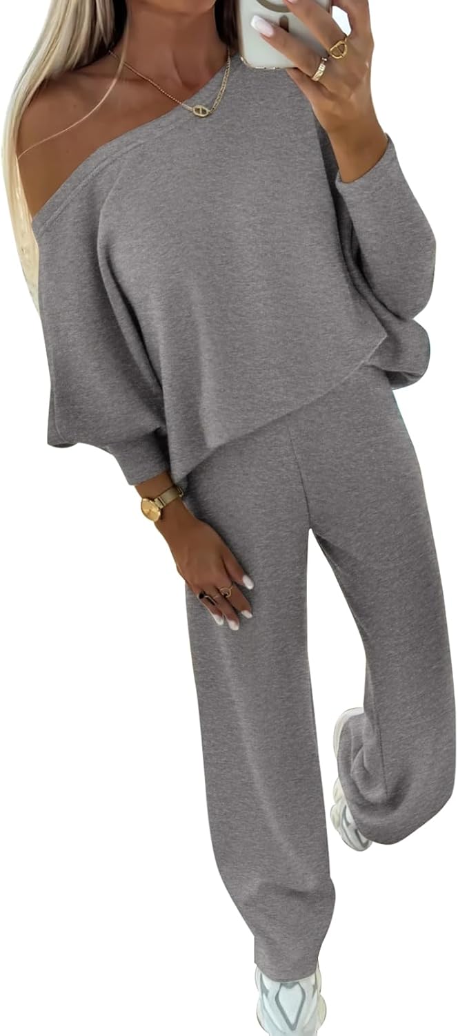 PRETTYGARDEN Womens Fall Fashion 2024 Two Piece Outfits Ribbed Long Sleeve Off Shoulder Tops and Wide Leg Pants with Pockets