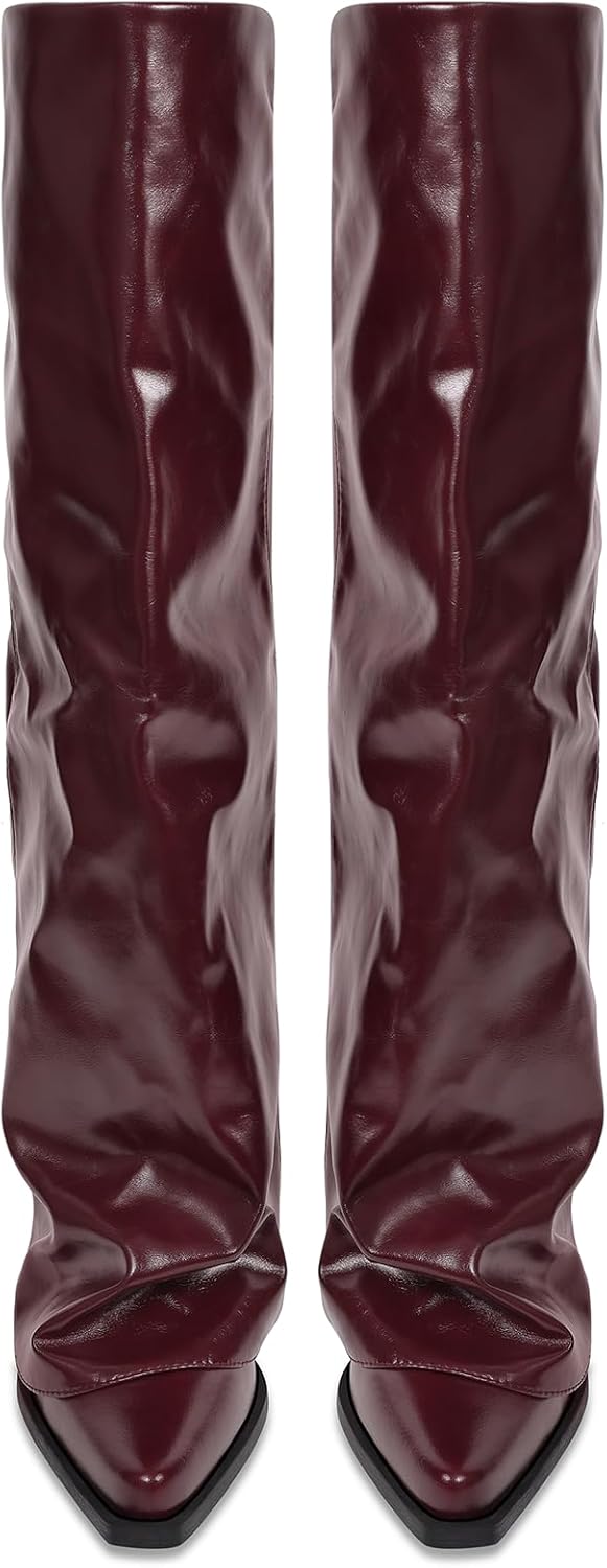 Women's Fold Over Knee High Boots Wide Calf Chunky Heel Long Boots Women Pointed Toe Dress Tall Boots for Women Slouchy Shark Boots - Image 8