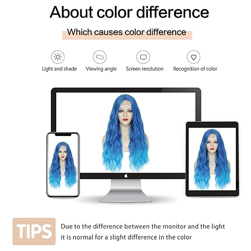 Miniatura 5 de Peluca azul  Pelucas largas onduladas azules para mujer, parte media, peluca azul degradado de 26 pulgadas, peluca sintética rizada natural