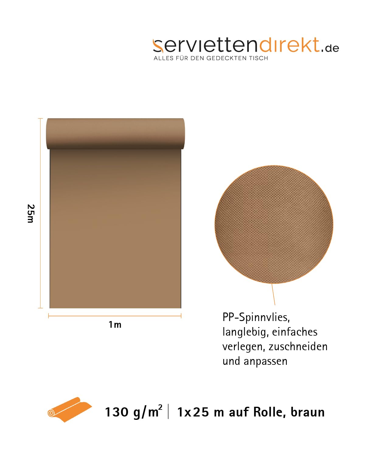 Gartenvlies Unkrautvlies Mulchvlies auf Rolle, 1 m x 25 m aus PP Vlies 130g/m² in braun, Gartenfolie atmungsaktiv & wasserdurchlässig UV-stabil