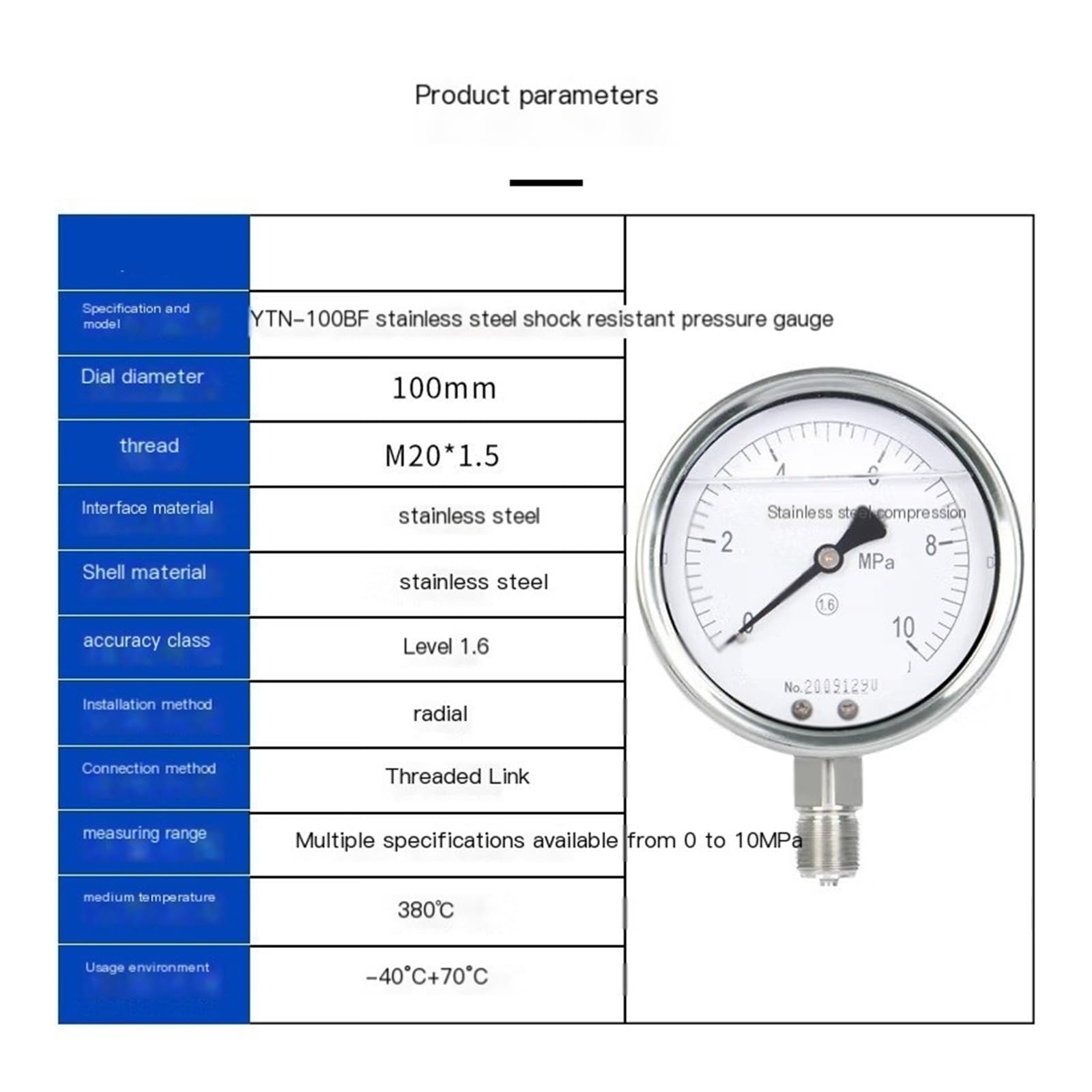 Manometro antisismico in Acciaio Inossidabile YTN-100BF Manometro Idraulico ad Alta Temperatura antisismico Manometro per Pressione dell'Acqua e Aria 0-10 MPa (0-1 MPa)