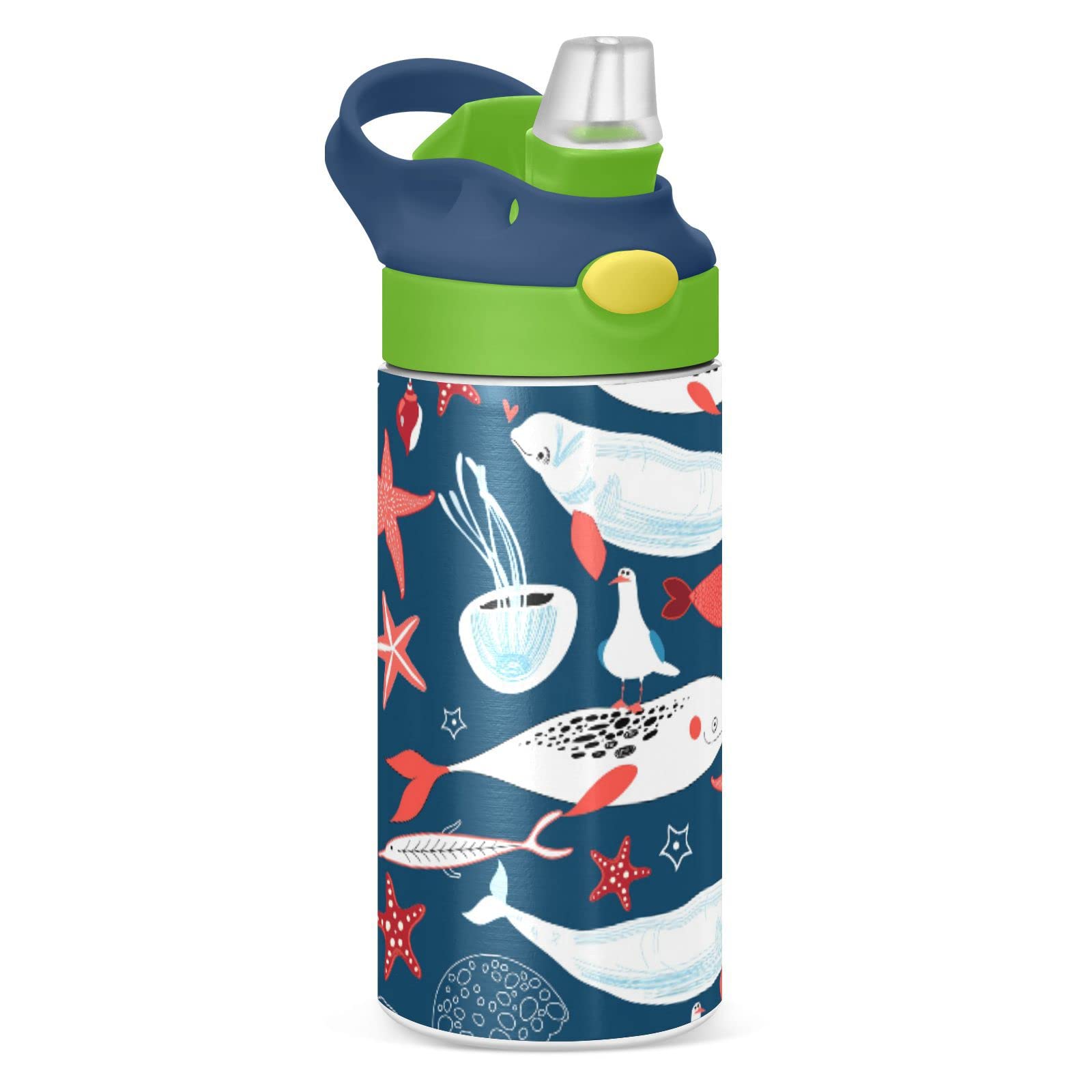 White Sea Whales Jellyfish Red Starfishes Fishes on Dark Blue Tumbler with Lid & Straw, Boys Girls Stainless Steel Double Wall Cup Water Bottle BPA-Free Vacuum Insulated Thermal Mug 11.8 Oz