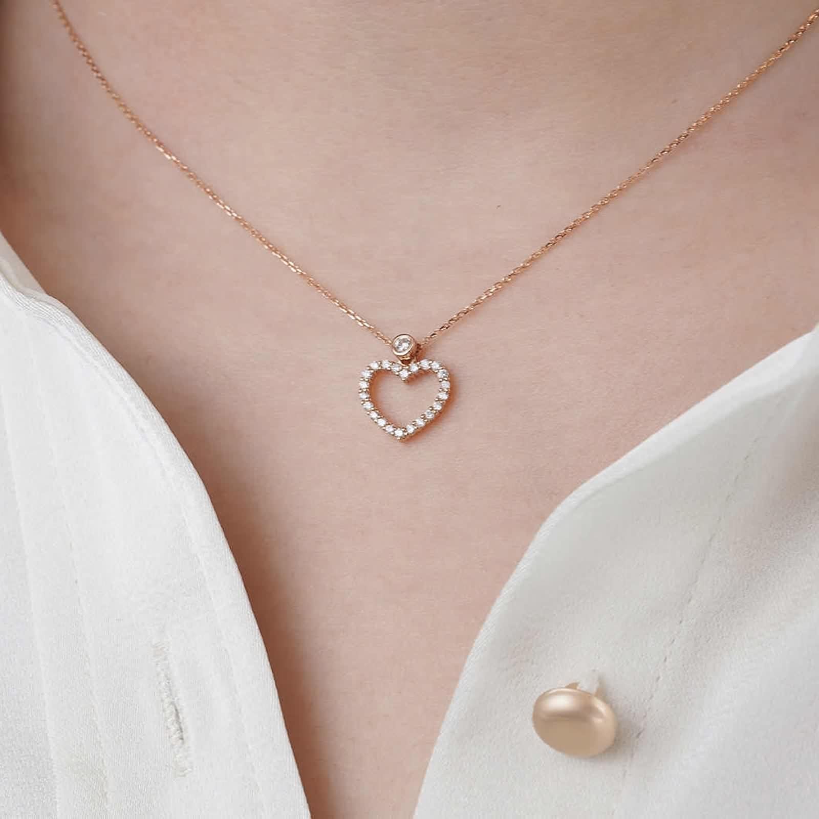 Cadena para mujer con colgante de corazón, cadena de diamante auténtico, 9 K/14 K/18 K, oro rosa, moda clásica