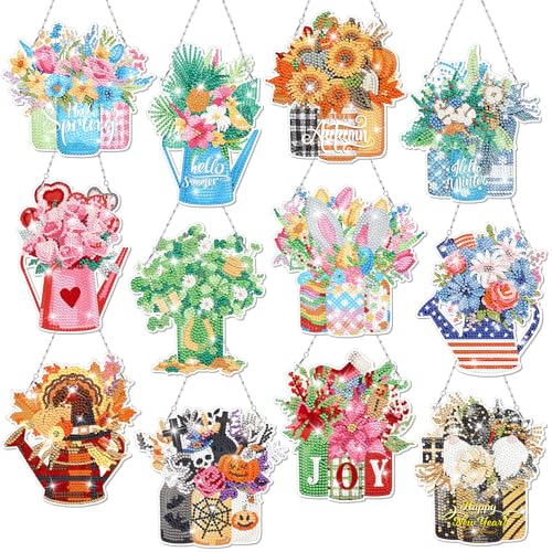 GlikCeil 12 Pcs Seasonal Holiday Flowers Diamond Art Wreath Kits 4th of July Summer Flower Mason Jar Diamond Painting Hanging Signs 5d DIY Seasonal Ornaments for Wall Door Decoration