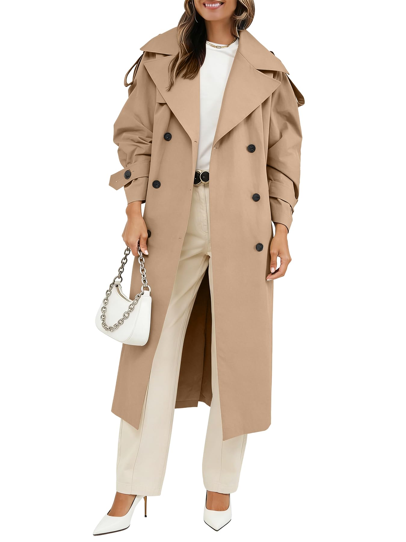 Muchpow Womens Long Trench Coat Double Breasted Lapel Oversized Windproof Overcoat with Belt