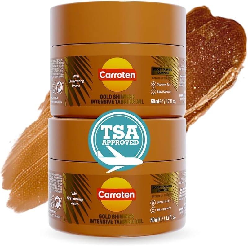 Carroten Gel Bronzeador com Efeito Brilhante, Tamanho para Viagem, Pacote com 2 de 50 mL e espátula